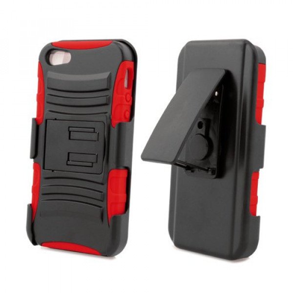 Wholesale iPhone 5 Dual Hybrid Case with Stand and Holster Clip (Black-Red)